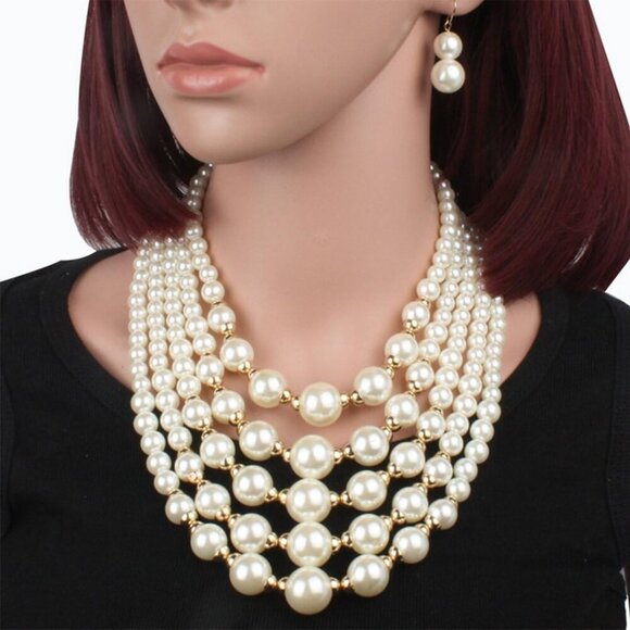 Women Pearl Bead Cluster Collar Necklace Earrings Set Ivory Lightweight - Picture 4 of 7